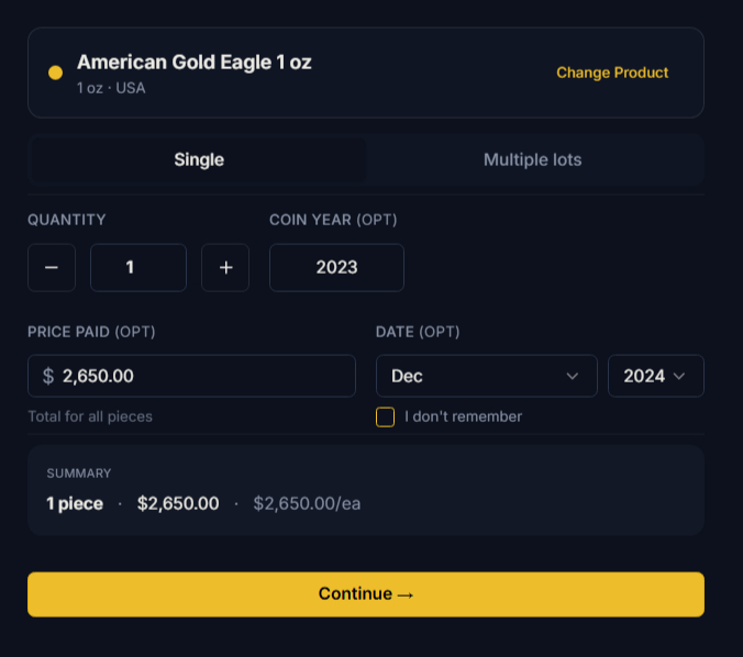 Add to Stack purchase details form showing American Gold Eagle 1/4 oz selection with quantity, coin year, price paid, date, and summary