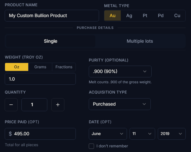 MyOunces custom product entry form showing product name, metal type, weight, purity, quantity, acquisition type, and date fields