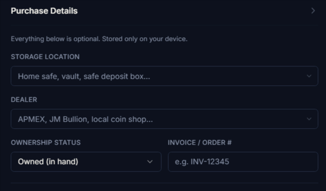 MyOunces purchase details form showing storage location, dealer, ownership status, and invoice number fields