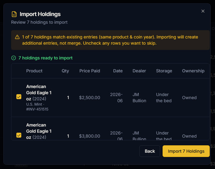 MyOunces CSV import window showing 7 holdings ready to import with product, quantity, price, date, dealer, and storage columns