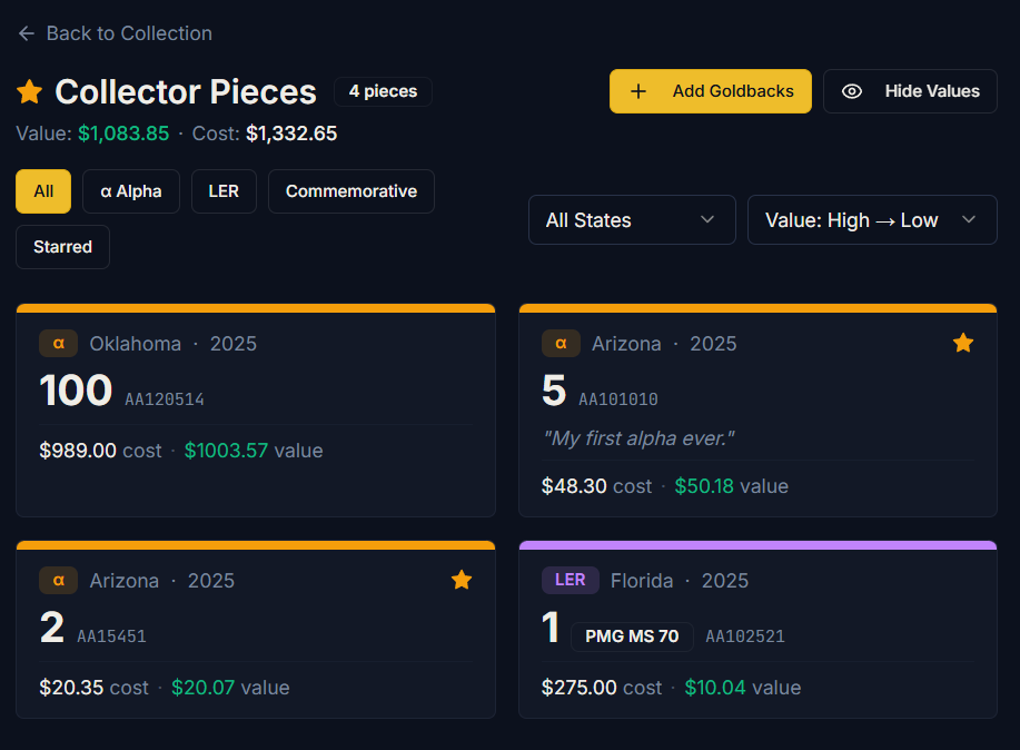 Goldback Collector Pieces page showing Alpha and LER cards with serial numbers, grades, star favorites, cost and value for Oklahoma, Arizona, and Florida Goldbacks